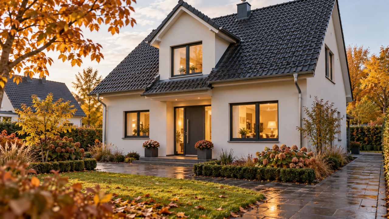 Gepflegtes Einfamilienhaus mit Herbstlaub und warm beleuchteten Fenstern