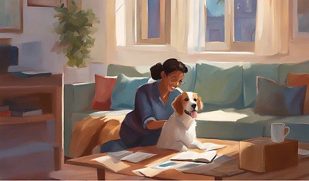 Zeigt einen Hund der mit seiner Halterin sich in einer Mietwohnung befindet